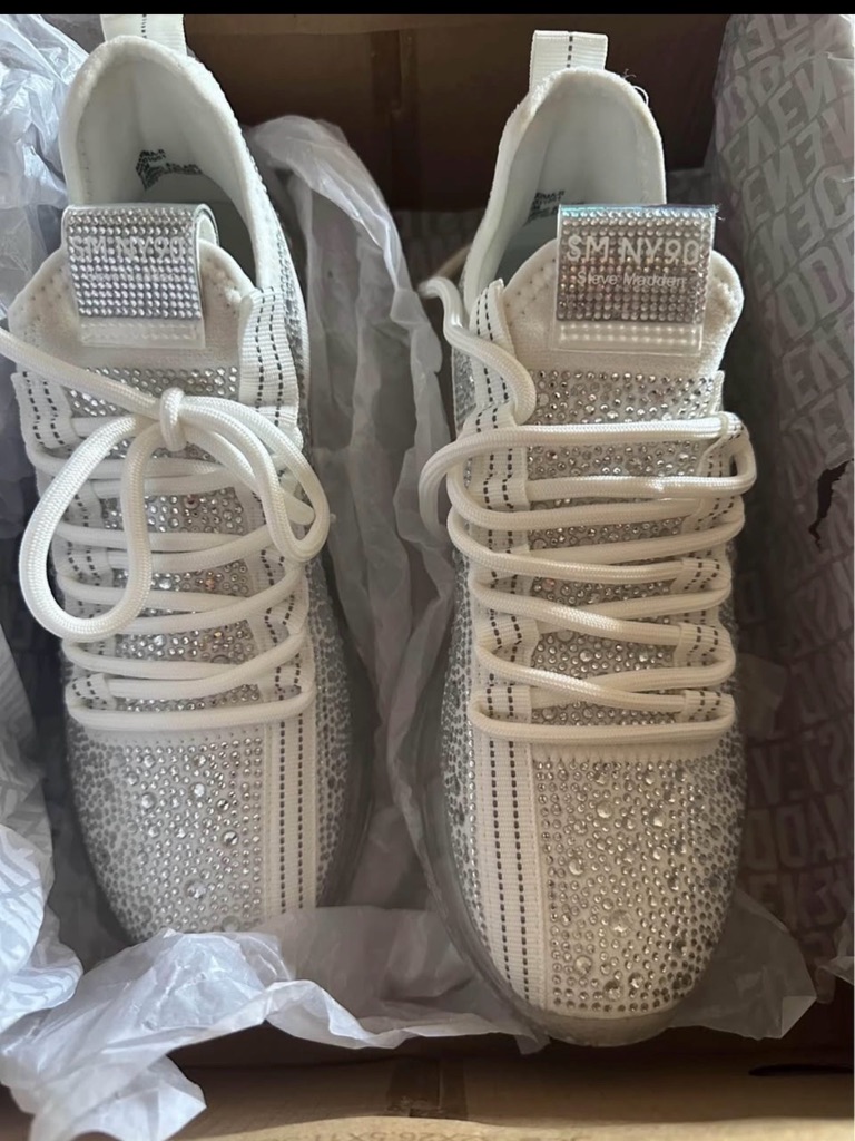 Steve Madden White Crystal-Embellished Knit Sneakers